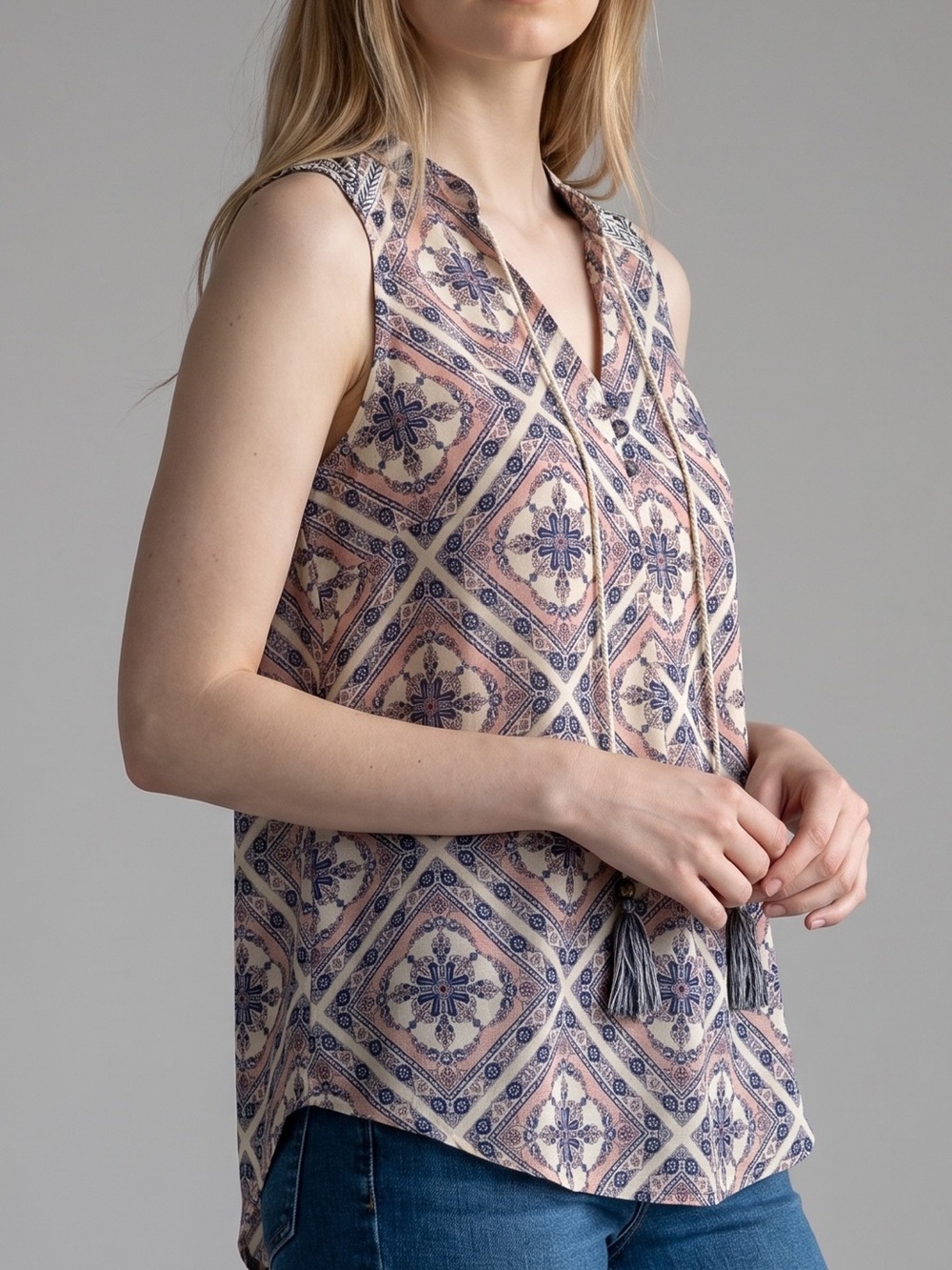Rewind Blush and Navy Medallion Tassel V-Neck Cami